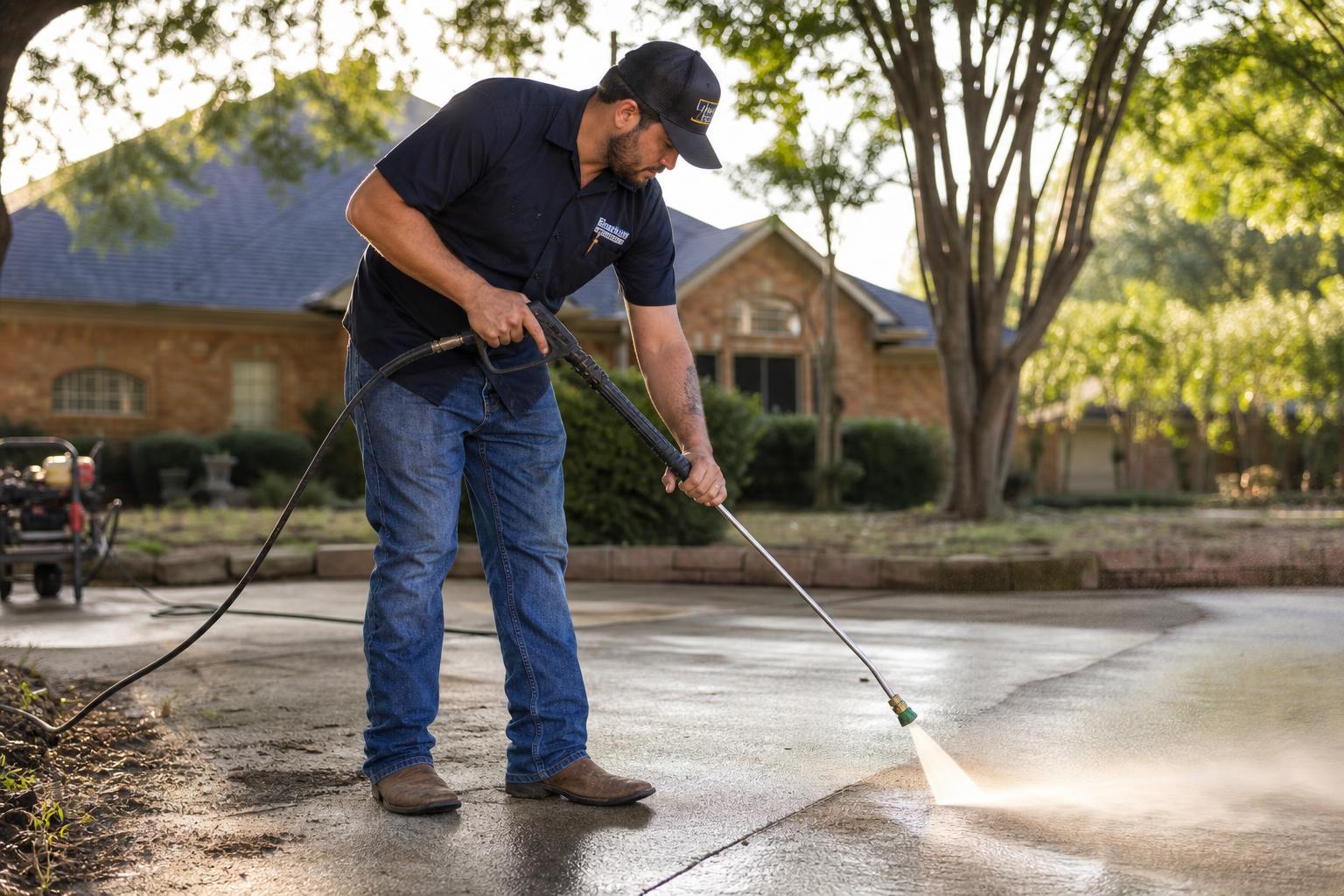 Tuscan Property Pros pressure washing a driveway in Texas
